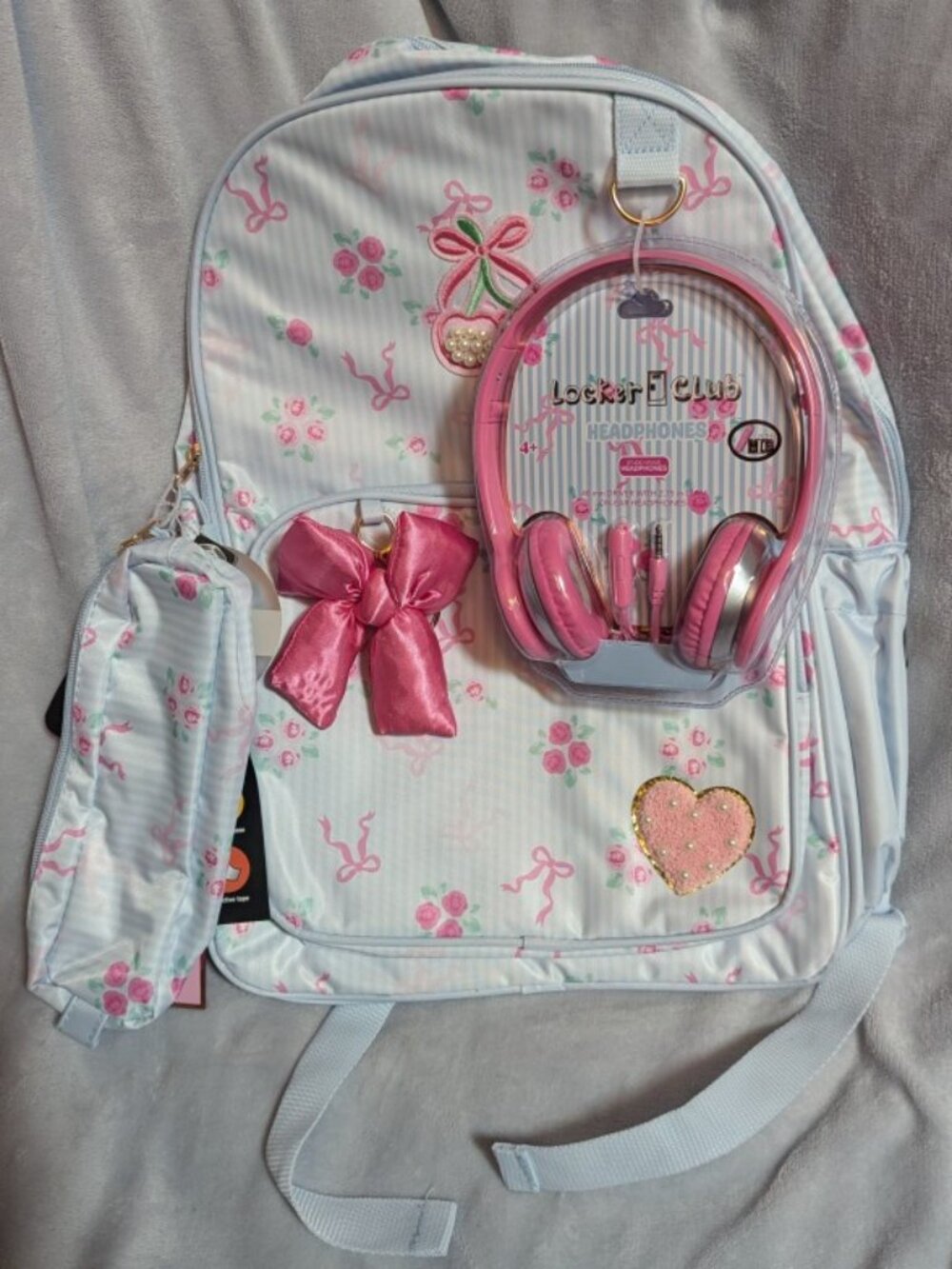 NWT Locker Club Floral Backpack Set with Pencil Pouch, Bow Charm & Headphones